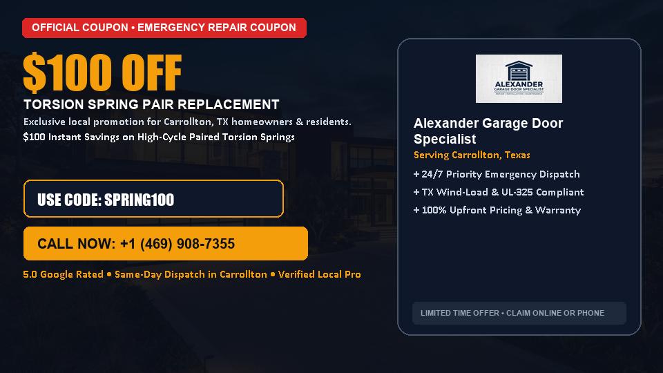 $100 OFF Dual High-Cycle Torsion Spring Replacement in Carrollton, TX - Alexander Garage Door Specialist