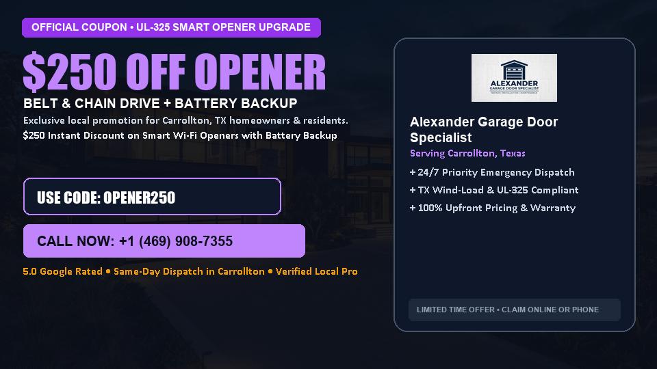 $250 OFF Smart Wi-Fi Garage Door Opener Installation in Carrollton, TX - Alexander Garage Door Specialist