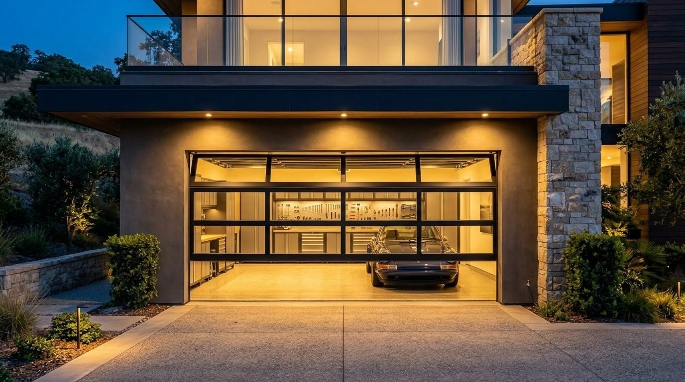 Alexander Garage Door Specialist Garage Door Gliding Open Revealing Warm Illuminated Interior